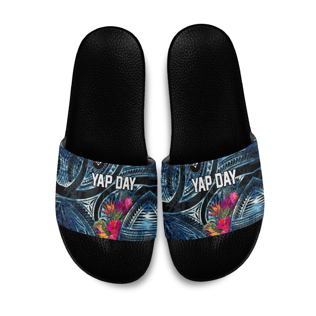 Yap Day Island Floral Tribal Heritage Slide Sandals Micronesian Hibiscus Pattern Polynesian Tattoo Blue Art TS04 Black Blue - Polynesian Pride