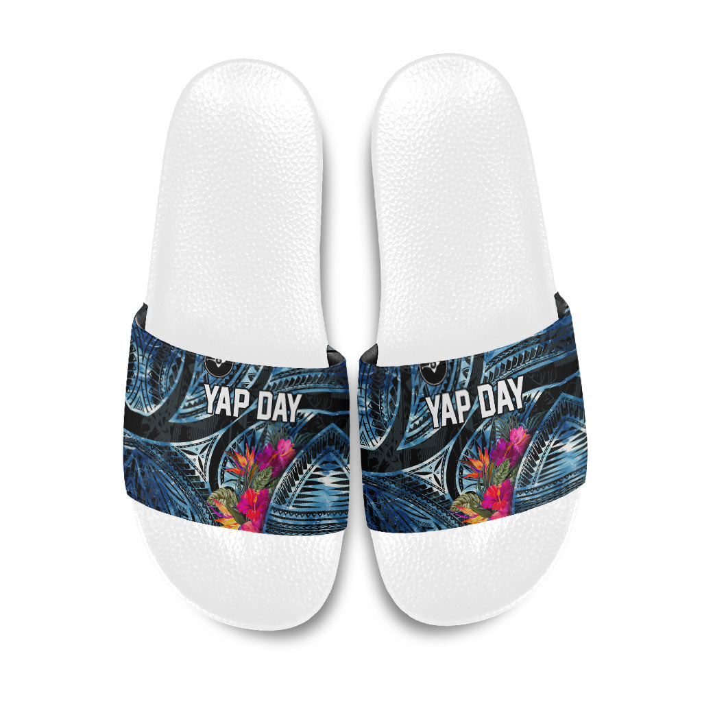 Yap Day Island Floral Tribal Heritage Slide Sandals Micronesian Hibiscus Pattern Polynesian Tattoo Blue Art TS04 Black Blue - Polynesian Pride
