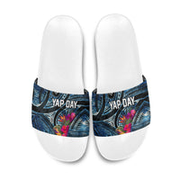 Yap Day Island Floral Tribal Heritage Slide Sandals Micronesian Hibiscus Pattern Polynesian Tattoo Blue Art TS04 Black Blue - Polynesian Pride