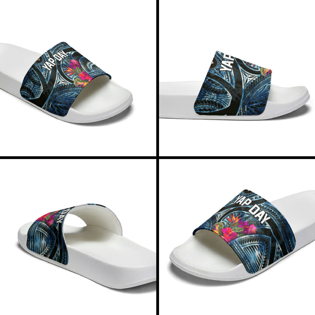 Yap Day Island Floral Tribal Heritage Slide Sandals Micronesian Hibiscus Pattern Polynesian Tattoo Blue Art TS04 - Polynesian Pride