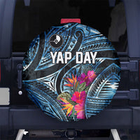 Yap Day Island Floral Tribal Heritage Spare Tire Cover Micronesian Hibiscus Pattern Polynesian Tattoo Blue Art TS04 No hole Black Blue - Polynesian Pride