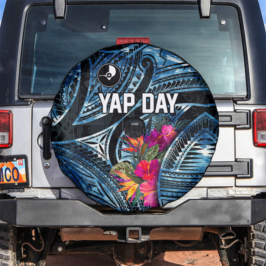 Yap Day Island Floral Tribal Heritage Spare Tire Cover Micronesian Hibiscus Pattern Polynesian Tattoo Blue Art TS04 Black Blue - Polynesian Pride