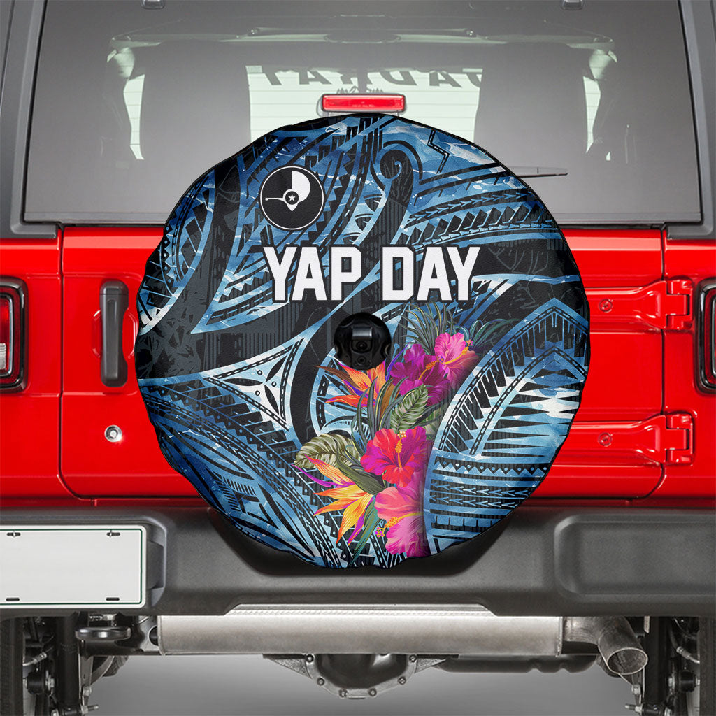 Yap Day Island Floral Tribal Heritage Spare Tire Cover Micronesian Hibiscus Pattern Polynesian Tattoo Blue Art TS04 - Polynesian Pride