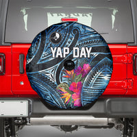 Yap Day Island Floral Tribal Heritage Spare Tire Cover Micronesian Hibiscus Pattern Polynesian Tattoo Blue Art TS04 - Polynesian Pride