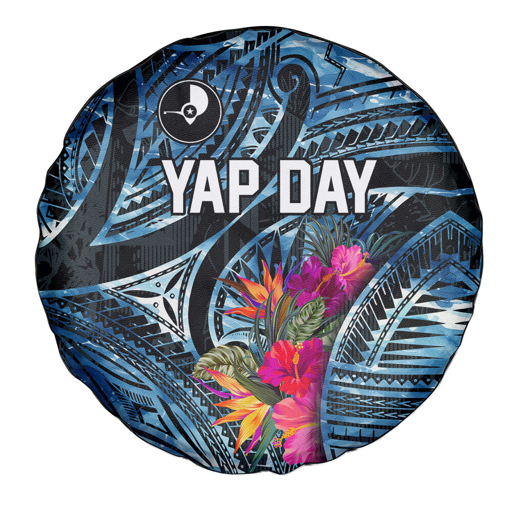 Yap Day Island Floral Tribal Heritage Spare Tire Cover Micronesian Hibiscus Pattern Polynesian Tattoo Blue Art TS04 - Polynesian Pride