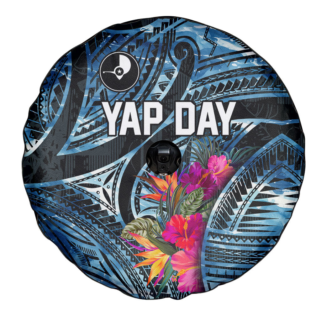 Yap Day Island Floral Tribal Heritage Spare Tire Cover Micronesian Hibiscus Pattern Polynesian Tattoo Blue Art TS04 - Polynesian Pride