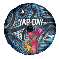 Yap Day Island Floral Tribal Heritage Spare Tire Cover Micronesian Hibiscus Pattern Polynesian Tattoo Blue Art TS04 - Polynesian Pride