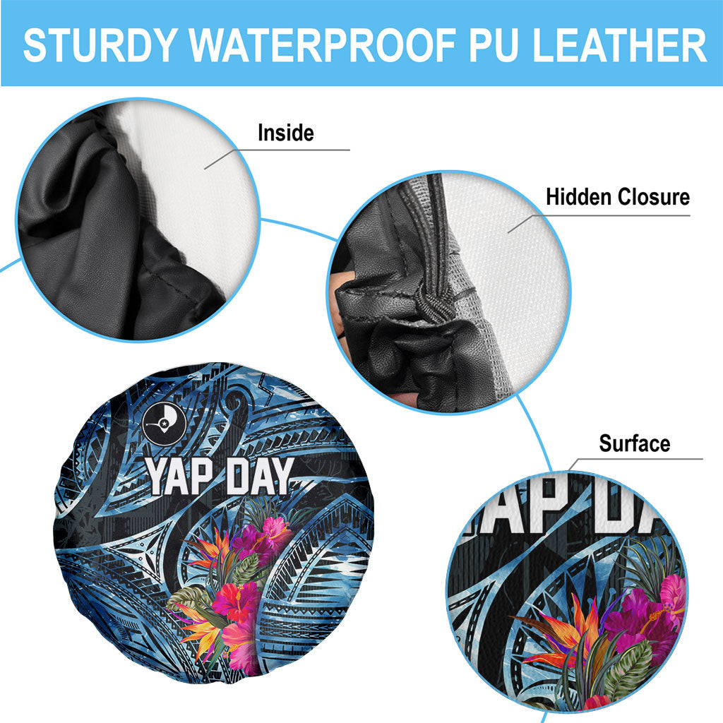 Yap Day Island Floral Tribal Heritage Spare Tire Cover Micronesian Hibiscus Pattern Polynesian Tattoo Blue Art TS04 - Polynesian Pride