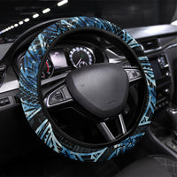 Yap Day Island Floral Tribal Heritage Steering Wheel Cover Micronesian Hibiscus Pattern Polynesian Tattoo Blue Art TS04 Universal Fit Black Blue - Polynesian Pride