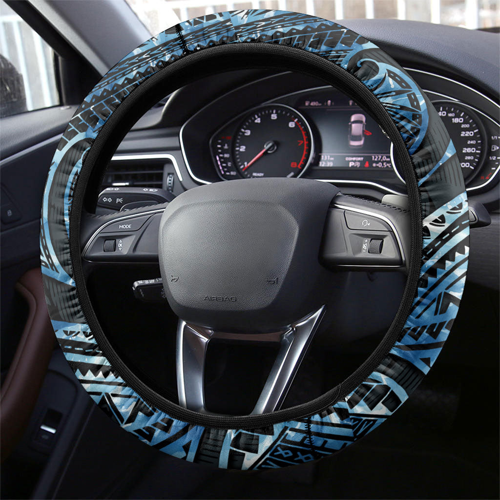 Yap Day Island Floral Tribal Heritage Steering Wheel Cover Micronesian Hibiscus Pattern Polynesian Tattoo Blue Art TS04 - Polynesian Pride