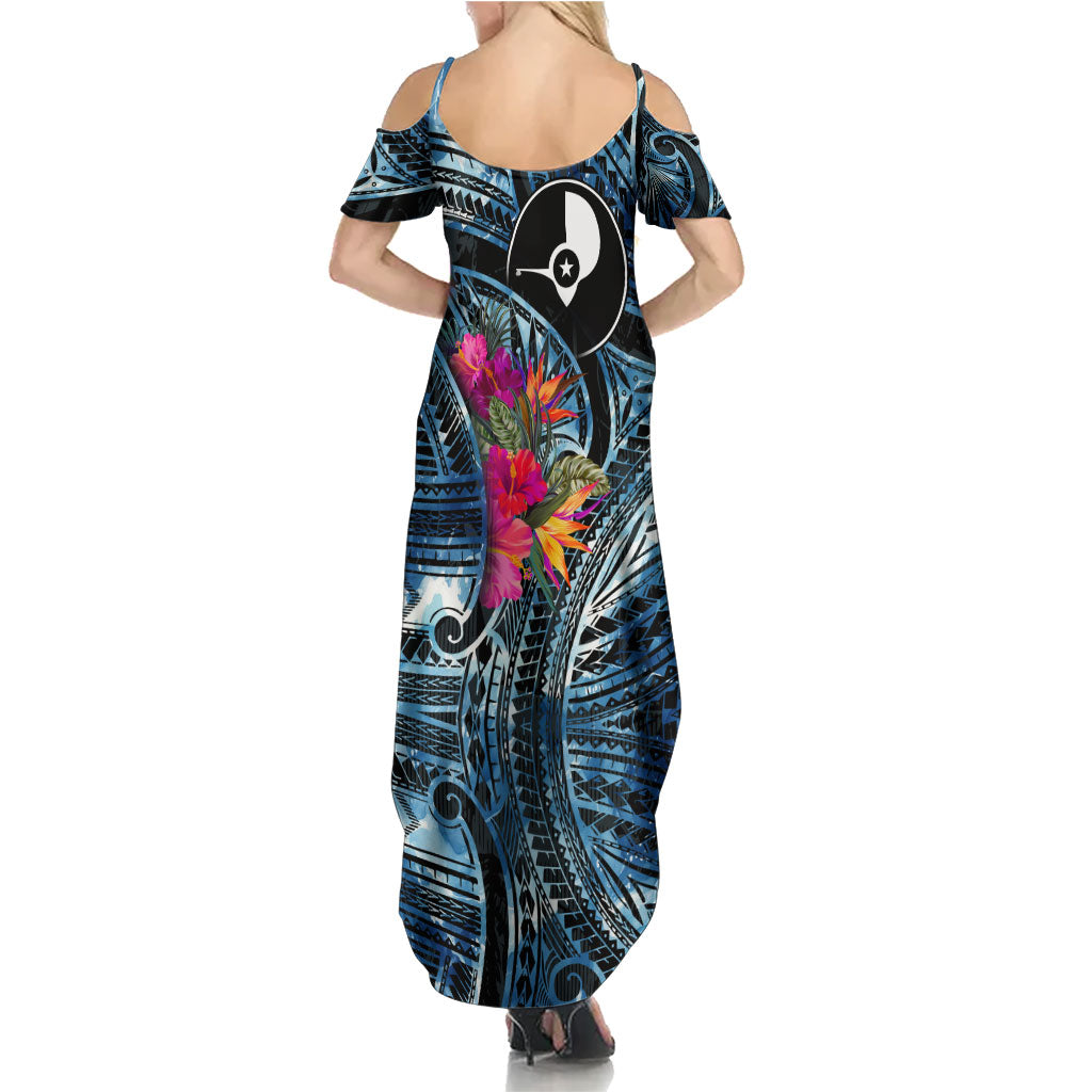 Yap Day Island Floral Tribal Heritage Summer Maxi Dress Micronesian Hibiscus Pattern Polynesian Tattoo Blue Art TS04 - Polynesian Pride