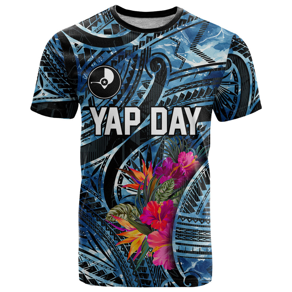 Yap Day Island Floral Tribal Heritage T Shirt Micronesian Hibiscus Pattern Polynesian Tattoo Blue Art TS04 Black Blue - Polynesian Pride