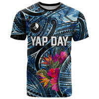 Yap Day Island Floral Tribal Heritage T Shirt Micronesian Hibiscus Pattern Polynesian Tattoo Blue Art TS04 Black Blue - Polynesian Pride