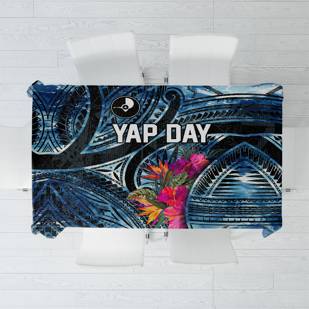 Yap Day Island Floral Tribal Heritage Tablecloth Micronesian Hibiscus Pattern Polynesian Tattoo Blue Art TS04 Black Blue - Polynesian Pride