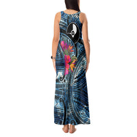 Yap Day Island Floral Tribal Heritage Tank Maxi Dress Micronesian Hibiscus Pattern Polynesian Tattoo Blue Art
