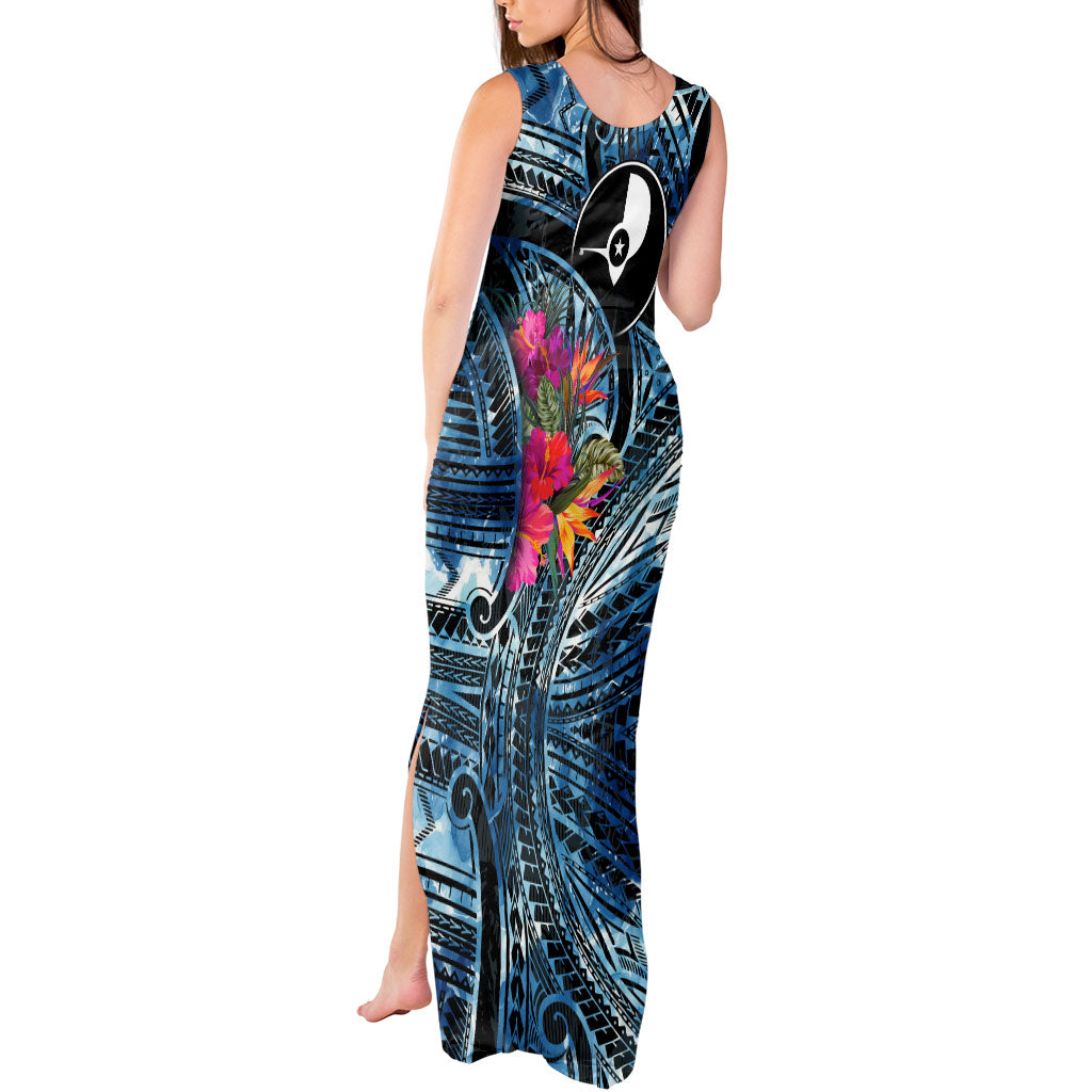 Yap Day Island Floral Tribal Heritage Tank Maxi Dress Micronesian Hibiscus Pattern Polynesian Tattoo Blue Art