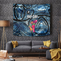 Yap Day Island Floral Tribal Heritage Tapestry Micronesian Hibiscus Pattern Polynesian Tattoo Blue Art TS04 Black Blue - Polynesian Pride