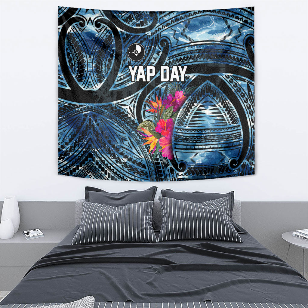 Yap Day Island Floral Tribal Heritage Tapestry Micronesian Hibiscus Pattern Polynesian Tattoo Blue Art TS04 - Polynesian Pride