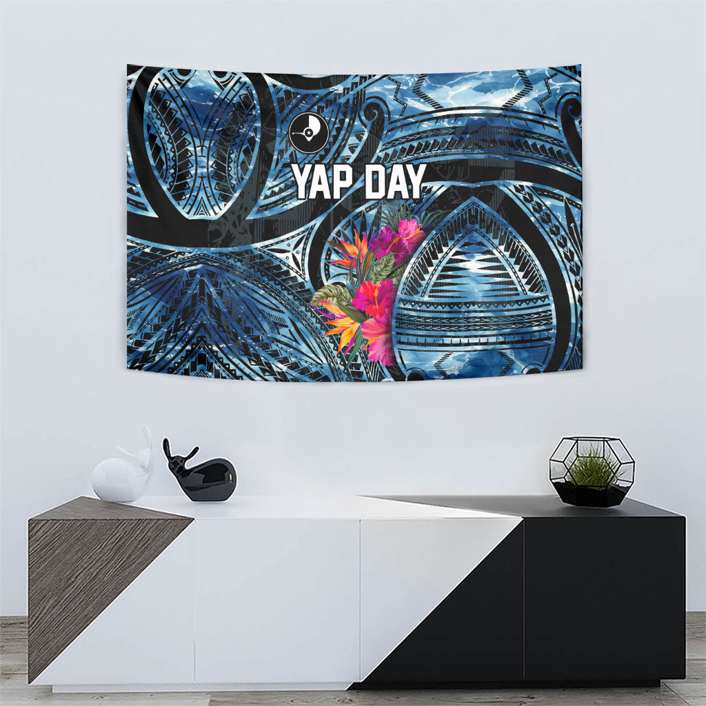 Yap Day Island Floral Tribal Heritage Tapestry Micronesian Hibiscus Pattern Polynesian Tattoo Blue Art TS04 - Polynesian Pride