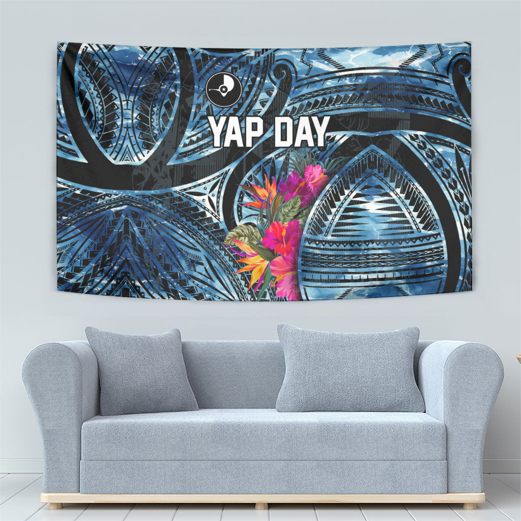 Yap Day Island Floral Tribal Heritage Tapestry Micronesian Hibiscus Pattern Polynesian Tattoo Blue Art TS04 - Polynesian Pride