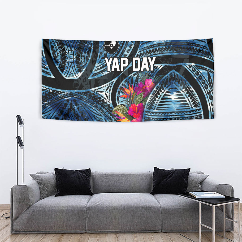 Yap Day Island Floral Tribal Heritage Tapestry Micronesian Hibiscus Pattern Polynesian Tattoo Blue Art TS04 - Polynesian Pride