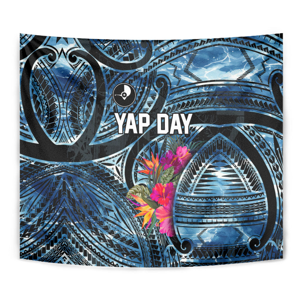Yap Day Island Floral Tribal Heritage Tapestry Micronesian Hibiscus Pattern Polynesian Tattoo Blue Art TS04 - Polynesian Pride