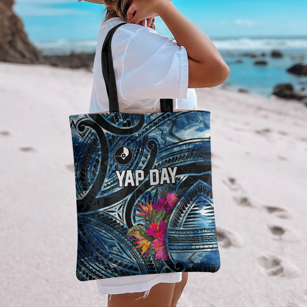 Yap Day Island Floral Tribal Heritage Tote Bag Micronesian Hibiscus Pattern Polynesian Tattoo Blue Art TS04 - Polynesian Pride
