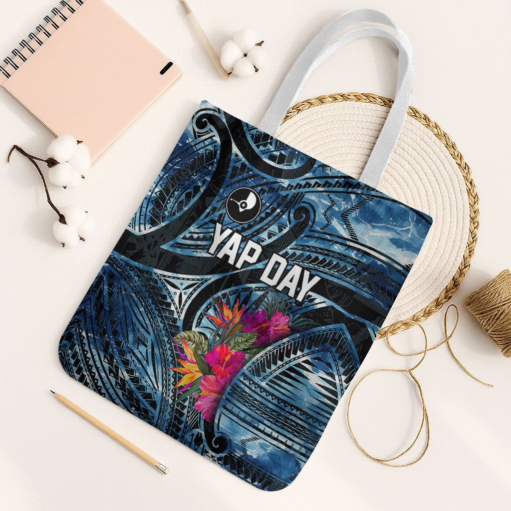 Yap Day Island Floral Tribal Heritage Tote Bag Micronesian Hibiscus Pattern Polynesian Tattoo Blue Art TS04 White Strap One Size Black Blue - Polynesian Pride