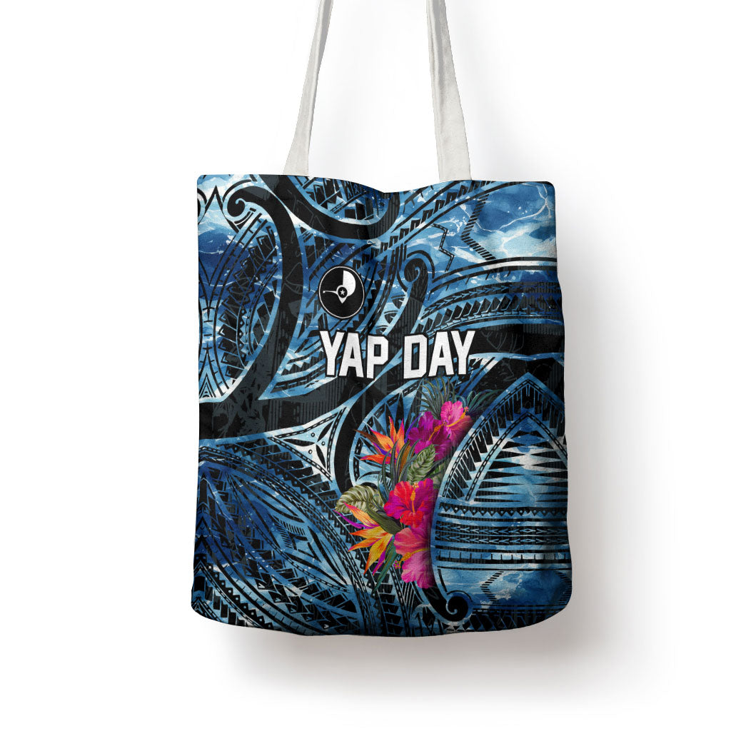 Yap Day Island Floral Tribal Heritage Tote Bag Micronesian Hibiscus Pattern Polynesian Tattoo Blue Art TS04 - Polynesian Pride