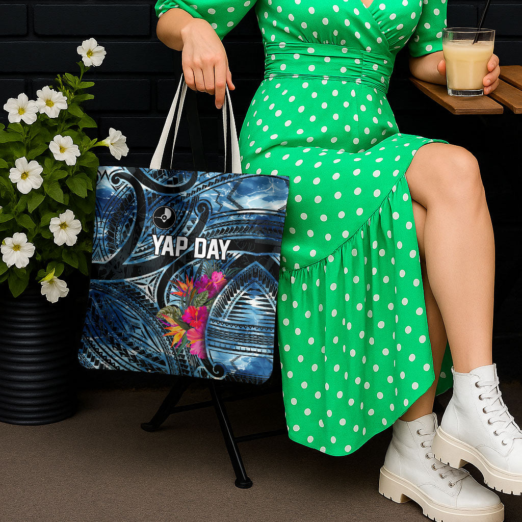 Yap Day Island Floral Tribal Heritage Tote Bag Micronesian Hibiscus Pattern Polynesian Tattoo Blue Art TS04 - Polynesian Pride