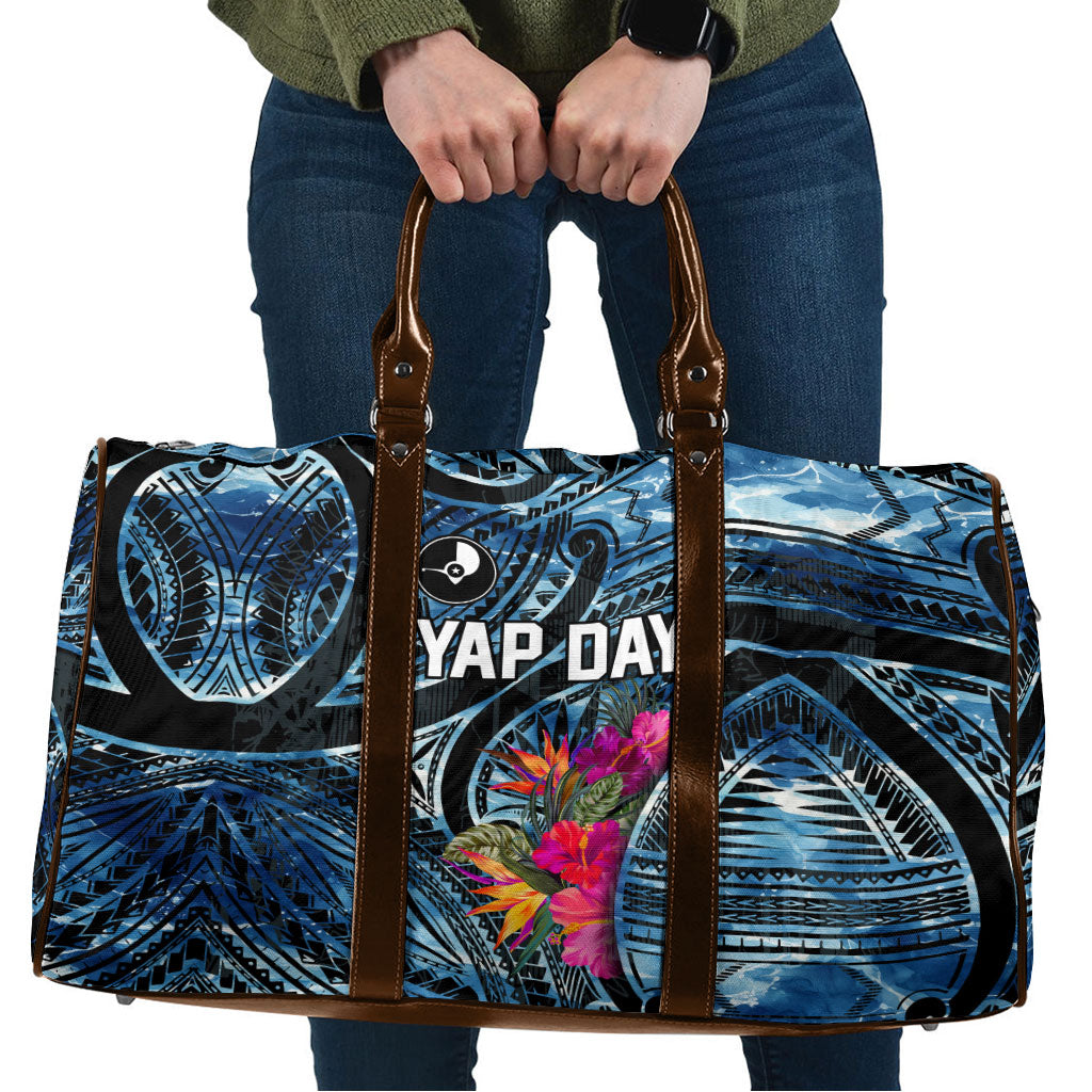 Yap Day Island Floral Tribal Heritage Travel Bag Micronesian Hibiscus Pattern Polynesian Tattoo Blue Art TS04 Black Blue - Polynesian Pride