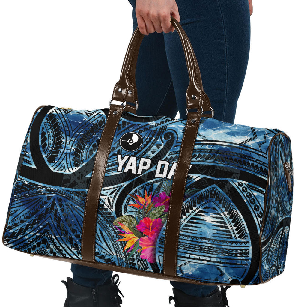 Yap Day Island Floral Tribal Heritage Travel Bag Micronesian Hibiscus Pattern Polynesian Tattoo Blue Art TS04 - Polynesian Pride
