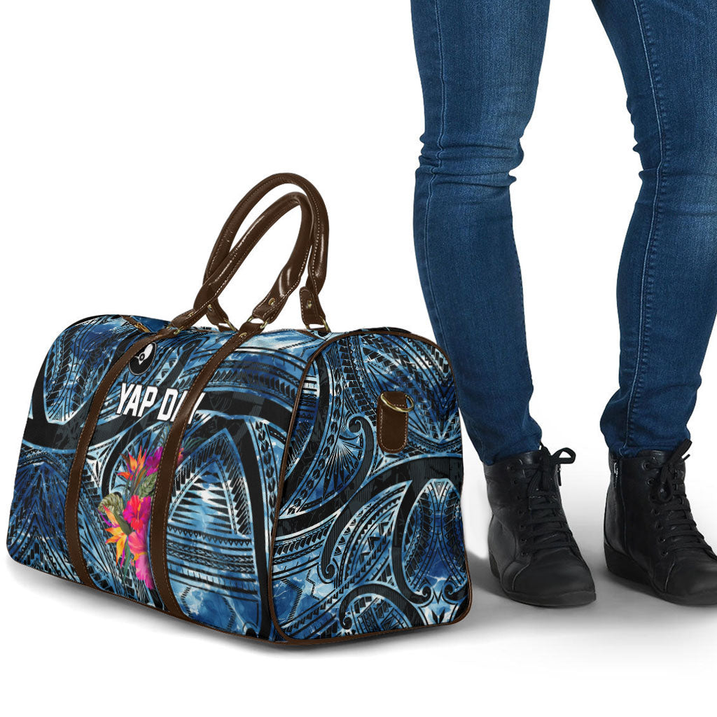 Yap Day Island Floral Tribal Heritage Travel Bag Micronesian Hibiscus Pattern Polynesian Tattoo Blue Art TS04 - Polynesian Pride