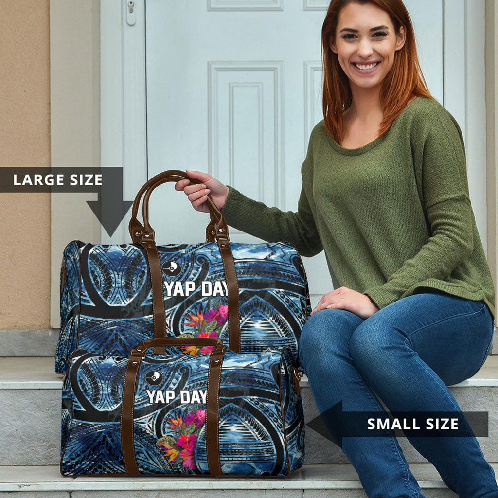 Yap Day Island Floral Tribal Heritage Travel Bag Micronesian Hibiscus Pattern Polynesian Tattoo Blue Art TS04 - Polynesian Pride