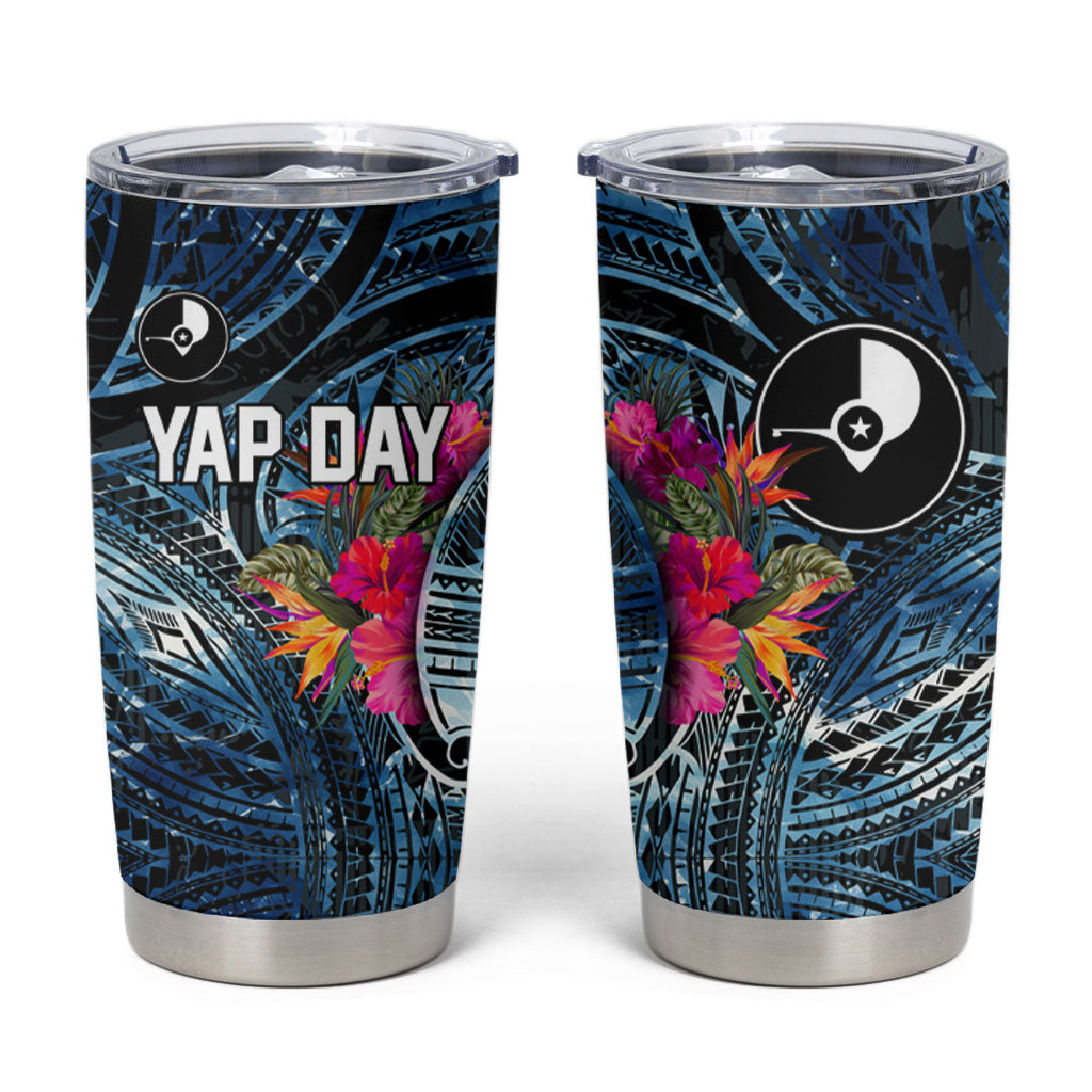 Yap Day Island Floral Tribal Heritage Tumbler Cup Micronesian Hibiscus Pattern Polynesian Tattoo Blue Art TS04 Black Blue - Polynesian Pride