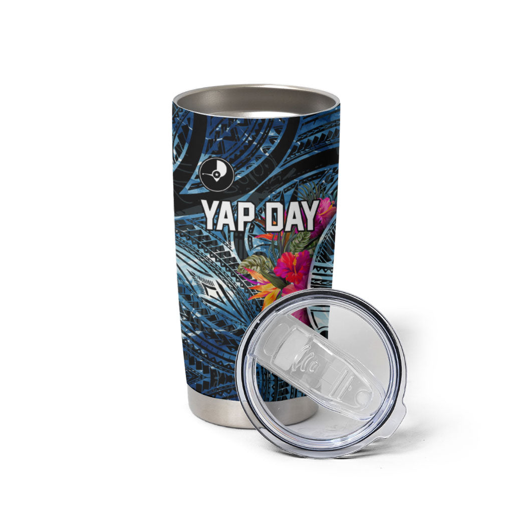 Yap Day Island Floral Tribal Heritage Tumbler Cup Micronesian Hibiscus Pattern Polynesian Tattoo Blue Art TS04 - Polynesian Pride