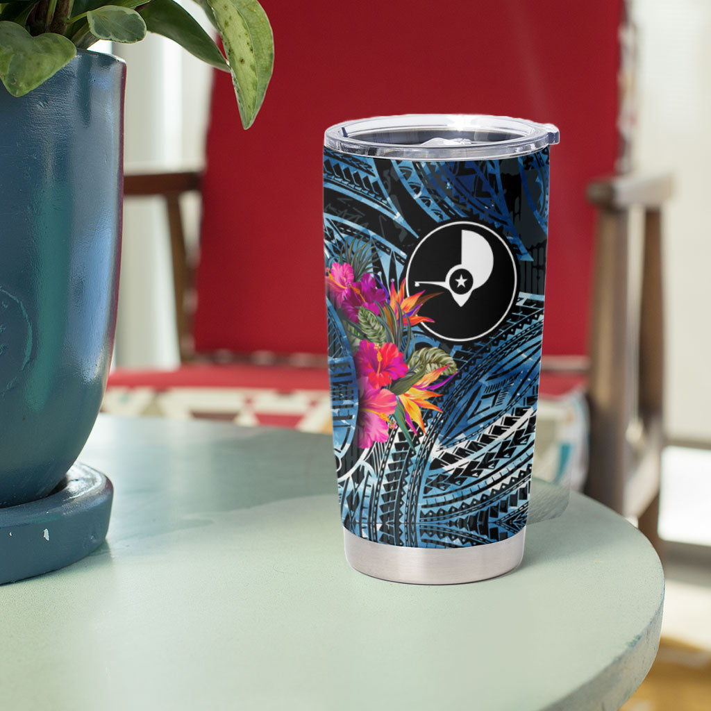 Yap Day Island Floral Tribal Heritage Tumbler Cup Micronesian Hibiscus Pattern Polynesian Tattoo Blue Art TS04 - Polynesian Pride