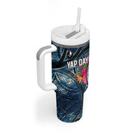 Yap Day Island Floral Tribal Heritage Tumbler With Handle Micronesian Hibiscus Pattern Polynesian Tattoo Blue Art TS04 - Polynesian Pride