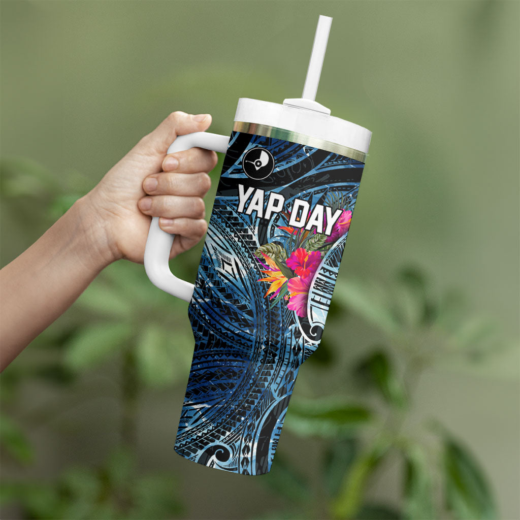 Yap Day Island Floral Tribal Heritage Tumbler With Handle Micronesian Hibiscus Pattern Polynesian Tattoo Blue Art TS04 - Polynesian Pride