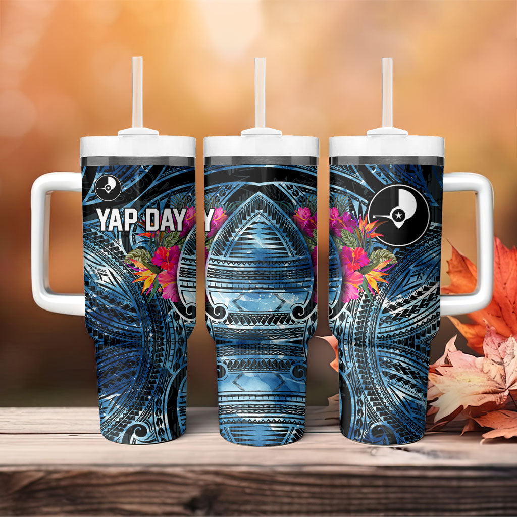 Yap Day Island Floral Tribal Heritage Tumbler With Handle Micronesian Hibiscus Pattern Polynesian Tattoo Blue Art TS04 - Polynesian Pride