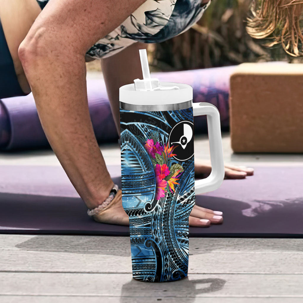 Yap Day Island Floral Tribal Heritage Tumbler With Handle Micronesian Hibiscus Pattern Polynesian Tattoo Blue Art TS04 - Polynesian Pride