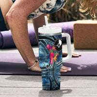 Yap Day Island Floral Tribal Heritage Tumbler With Handle Micronesian Hibiscus Pattern Polynesian Tattoo Blue Art TS04 - Polynesian Pride