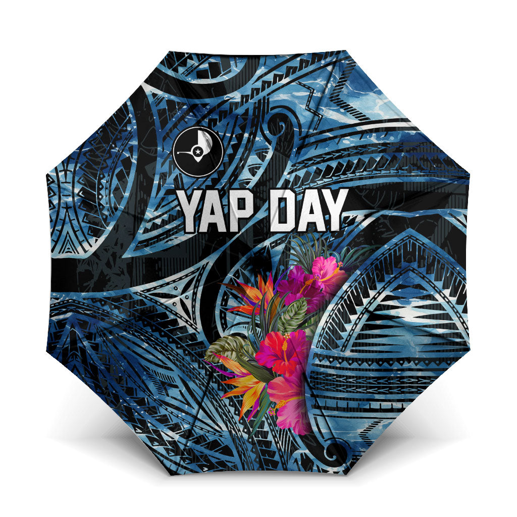 Yap Day Island Floral Tribal Heritage Umbrella Micronesian Hibiscus Pattern Polynesian Tattoo Blue Art TS04 One Size Folded 11.42 inch Opened Diameter 37.4 inch Black Blue - Polynesian Pride