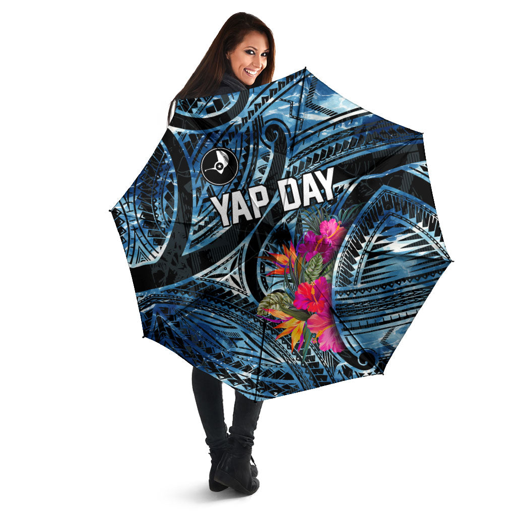 Yap Day Island Floral Tribal Heritage Umbrella Micronesian Hibiscus Pattern Polynesian Tattoo Blue Art TS04 - Polynesian Pride