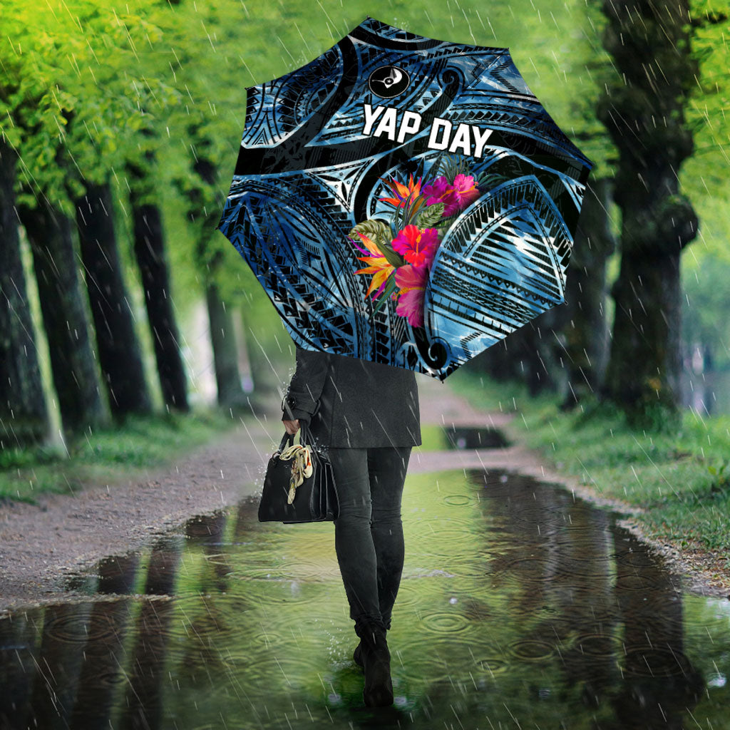 Yap Day Island Floral Tribal Heritage Umbrella Micronesian Hibiscus Pattern Polynesian Tattoo Blue Art TS04 - Polynesian Pride