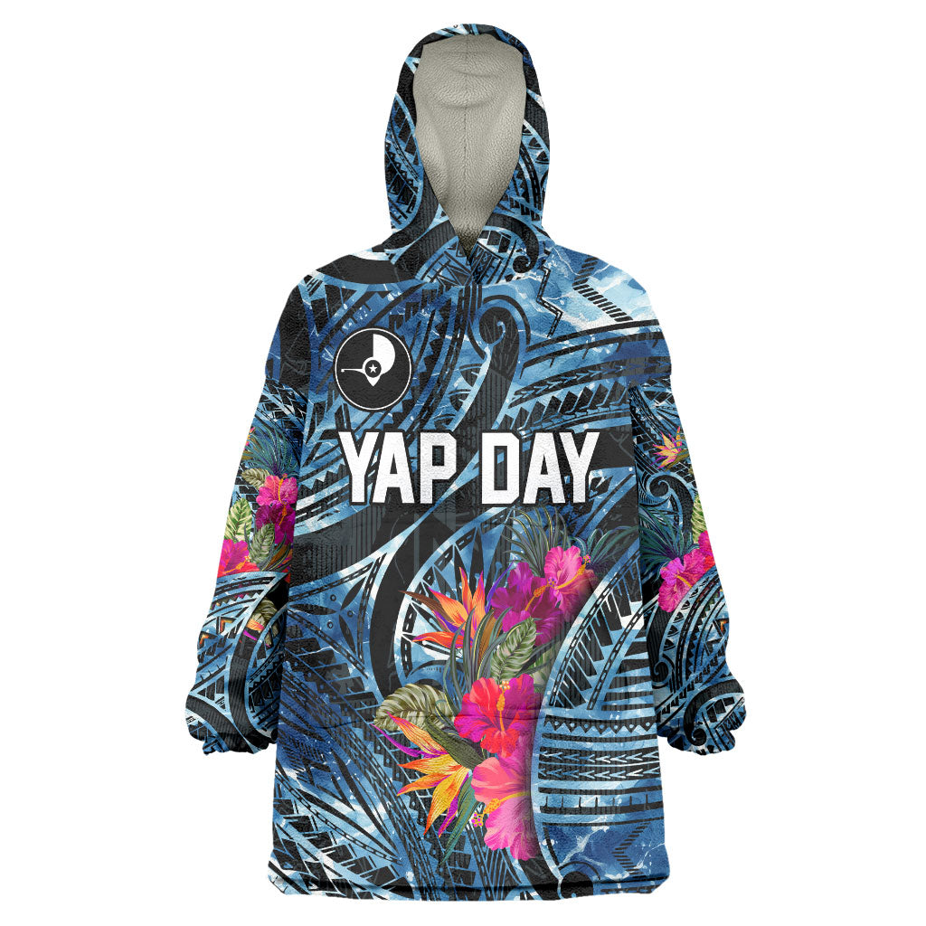 Yap Day Island Floral Tribal Heritage Wearable Blanket Hoodie Micronesian Hibiscus Pattern Polynesian Tattoo Blue Art TS04 One Size Black Blue - Polynesian Pride