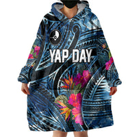 Yap Day Island Floral Tribal Heritage Wearable Blanket Hoodie Micronesian Hibiscus Pattern Polynesian Tattoo Blue Art
