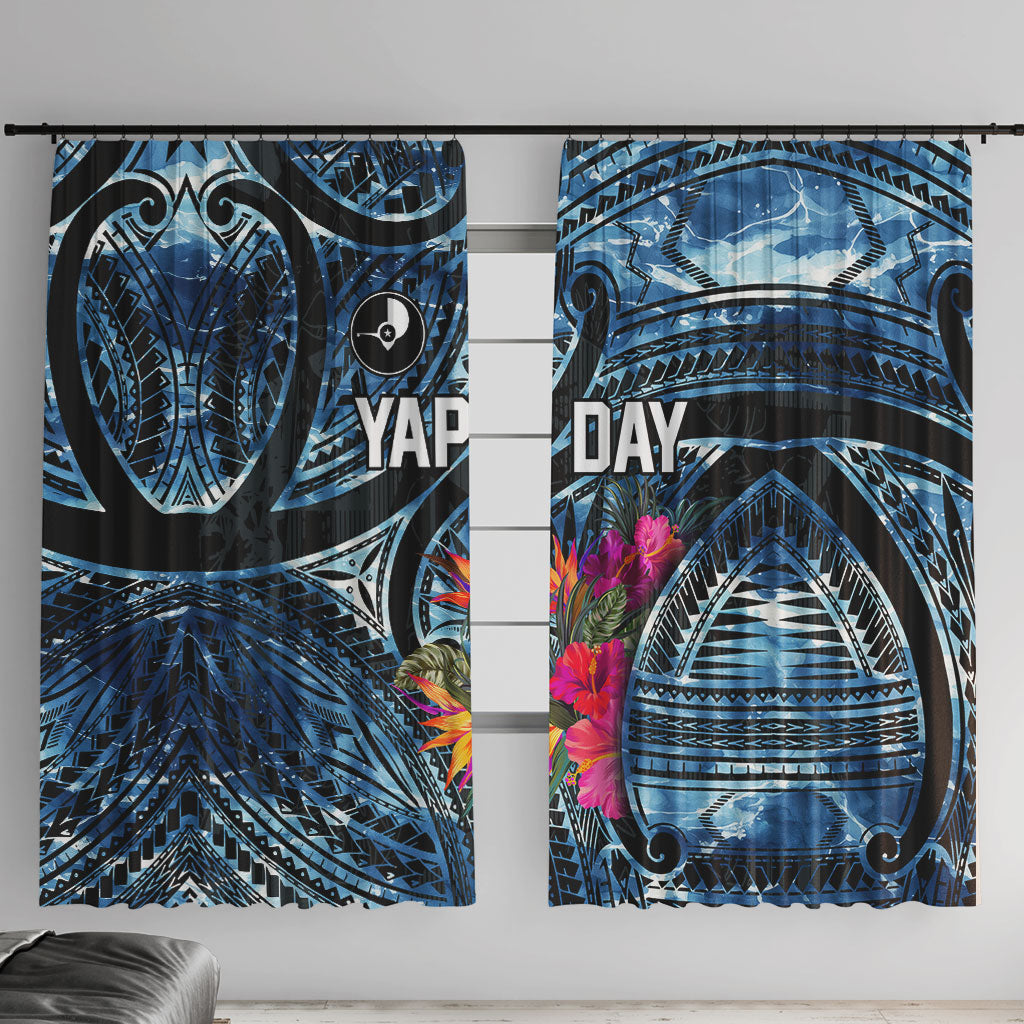 Yap Day Island Floral Tribal Heritage Window Curtain Micronesian Hibiscus Pattern Polynesian Tattoo Blue Art TS04 With Hooks Black Blue - Polynesian Pride