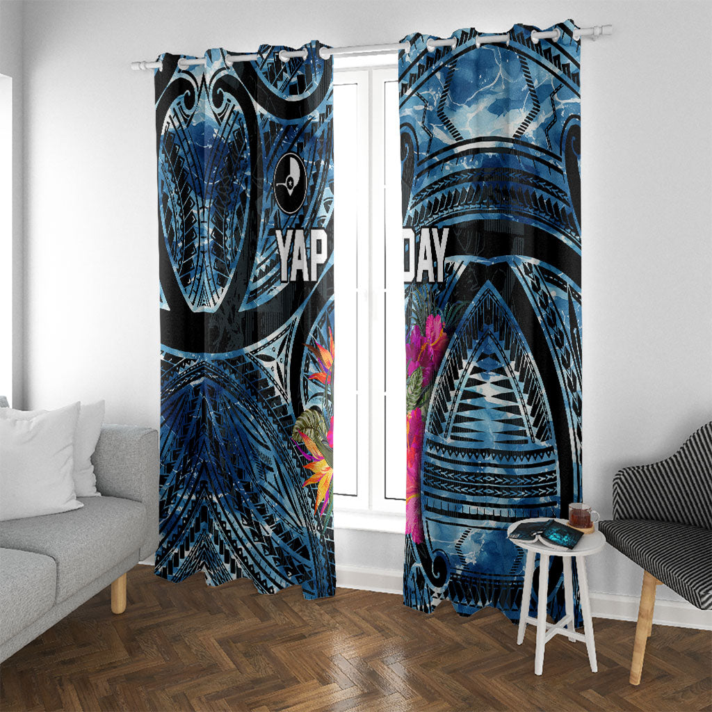 Yap Day Island Floral Tribal Heritage Window Curtain Micronesian Hibiscus Pattern Polynesian Tattoo Blue Art TS04 With Grommets Black Blue - Polynesian Pride
