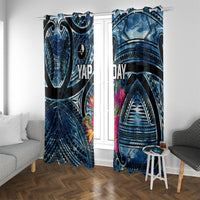 Yap Day Island Floral Tribal Heritage Window Curtain Micronesian Hibiscus Pattern Polynesian Tattoo Blue Art TS04 With Grommets Black Blue - Polynesian Pride